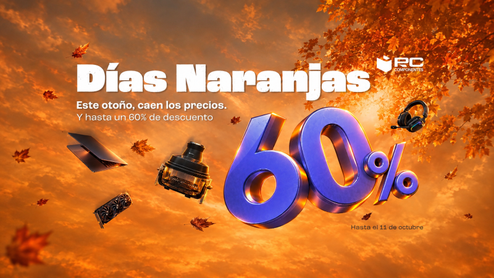 Cartel promocional de los Días Naranjas de PcComponentes con descuentos de hasta el 60 por ciento sobre un fondo otoñal.