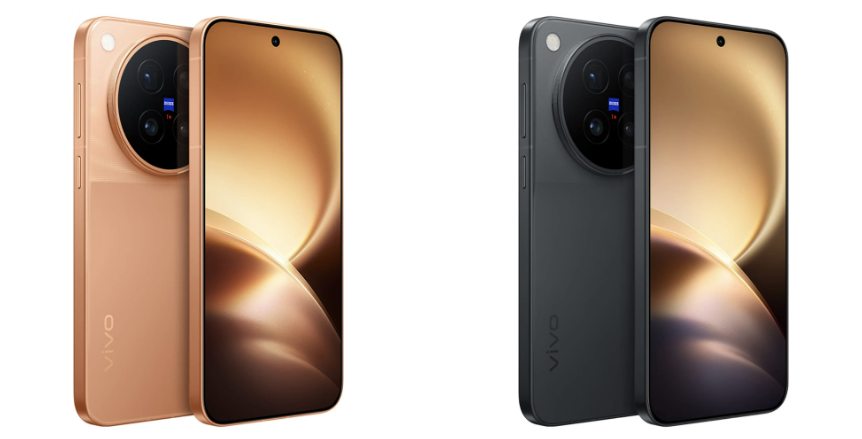 Dos unidades del vivo X500 Pro en acabados cobre y gris oscuro, mostrando sus laterales planos y pantallas con cámara perforada.