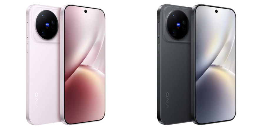 Vista frontal y trasera de los smartphones vivo X500 en colores rosa y gris oscuro con módulo de cámara circular.