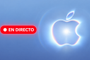 Logotipo de Apple iluminado con destellos sobre fondo azul y etiqueta roja de emisión en directo.
