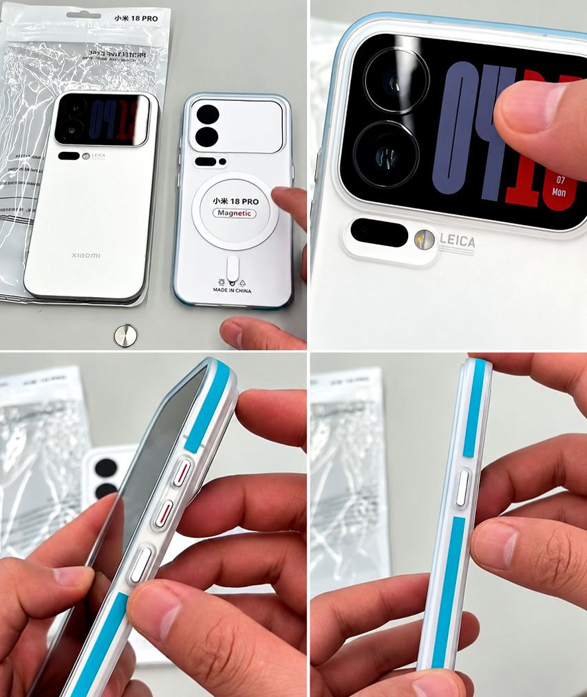 Primeros planos de fundas protectoras y del módulo de cámaras de un smartphone Xiaomi 18 Pro.