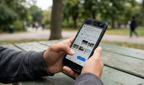 Persona consultando la aplicación Google Drive en su teléfono móvil sentado en un banco de madera al aire libre.