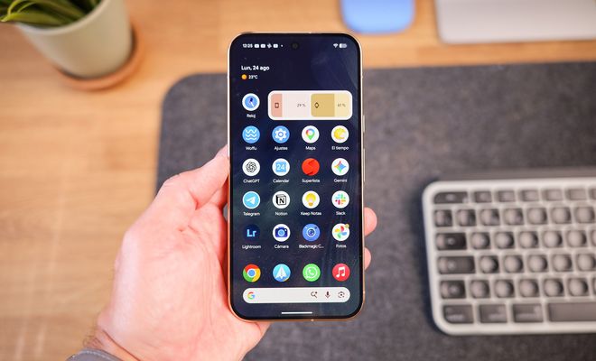 Mano sujetando un Google Pixel 11 Pro mostrando el menú de aplicaciones de Android 17 sobre un escritorio.