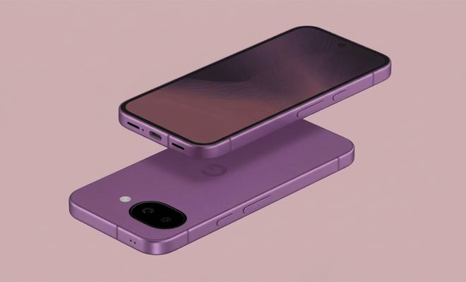 Renderización del Google Pixel 11a en color violeta mostrando el frontal, los laterales y el módulo de cámara trasera.
