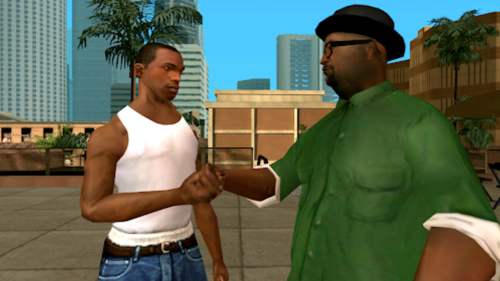 CJ y Big Smoke estrechándose la mano en una escena de Grand Theft Auto San Andreas