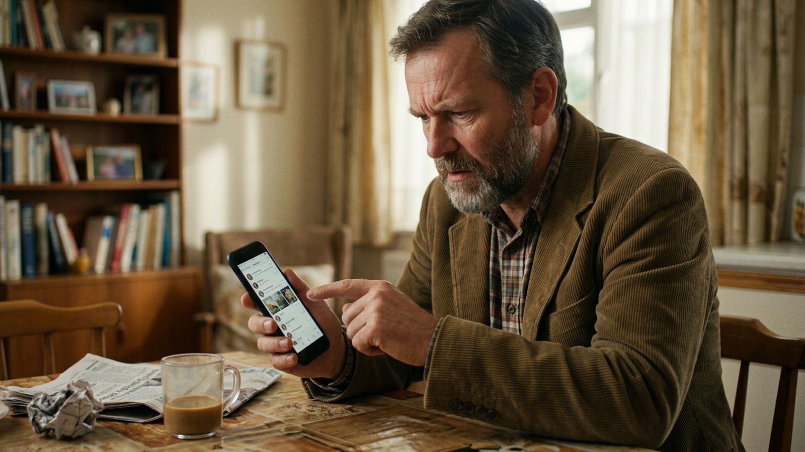 Hombre con expresión de confusión y preocupación mirando la pantalla de su teléfono móvil en un salón.