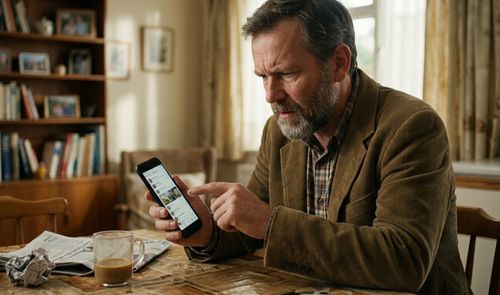 Hombre con expresión de confusión y preocupación mirando la pantalla de su teléfono móvil en un salón.
