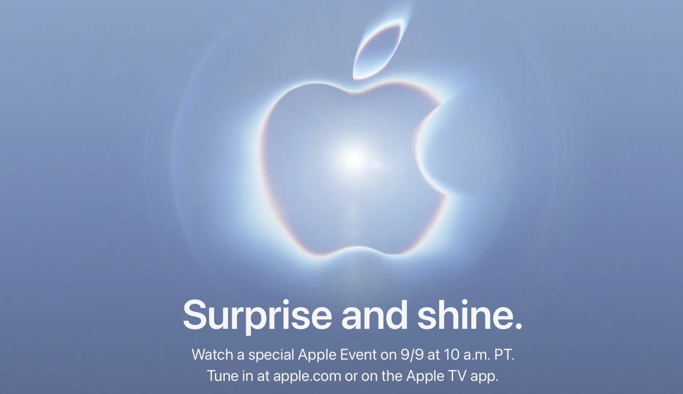 Cartel promocional del evento especial de Apple con el logotipo de la manzana iluminado y el eslogan Surprise and shine.