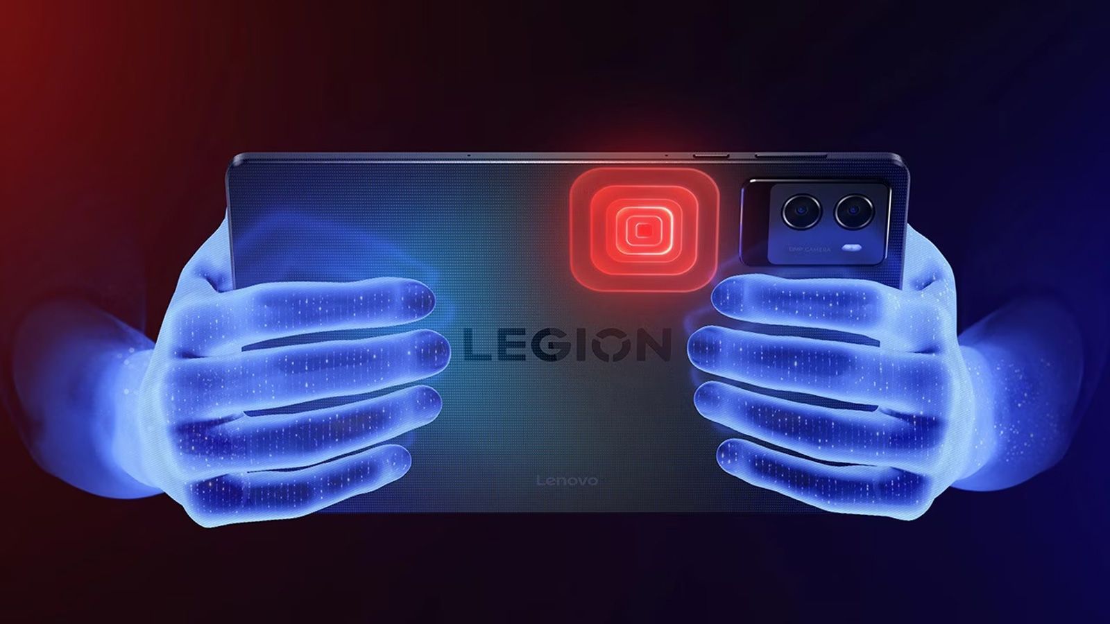 Parte trasera de la tablet Lenovo Legion Tab Gen 3 sujeta horizontalmente con ambas manos, mostrando un gráfico térmico de calor en la zona del procesador.