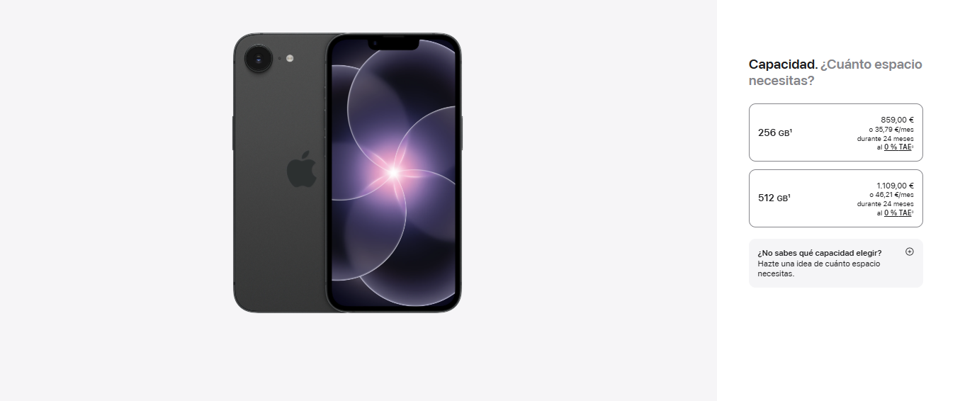Interfaz de selección de capacidad y precios para el iPhone 17e en color oscuro con opciones de 256 GB y 512 GB.