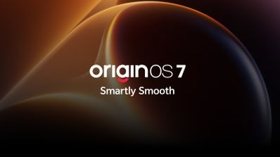 Logotipo de OriginOS 7 con el eslogan Smartly Smooth sobre un fondo con formas orgánicas en tonos cálidos.