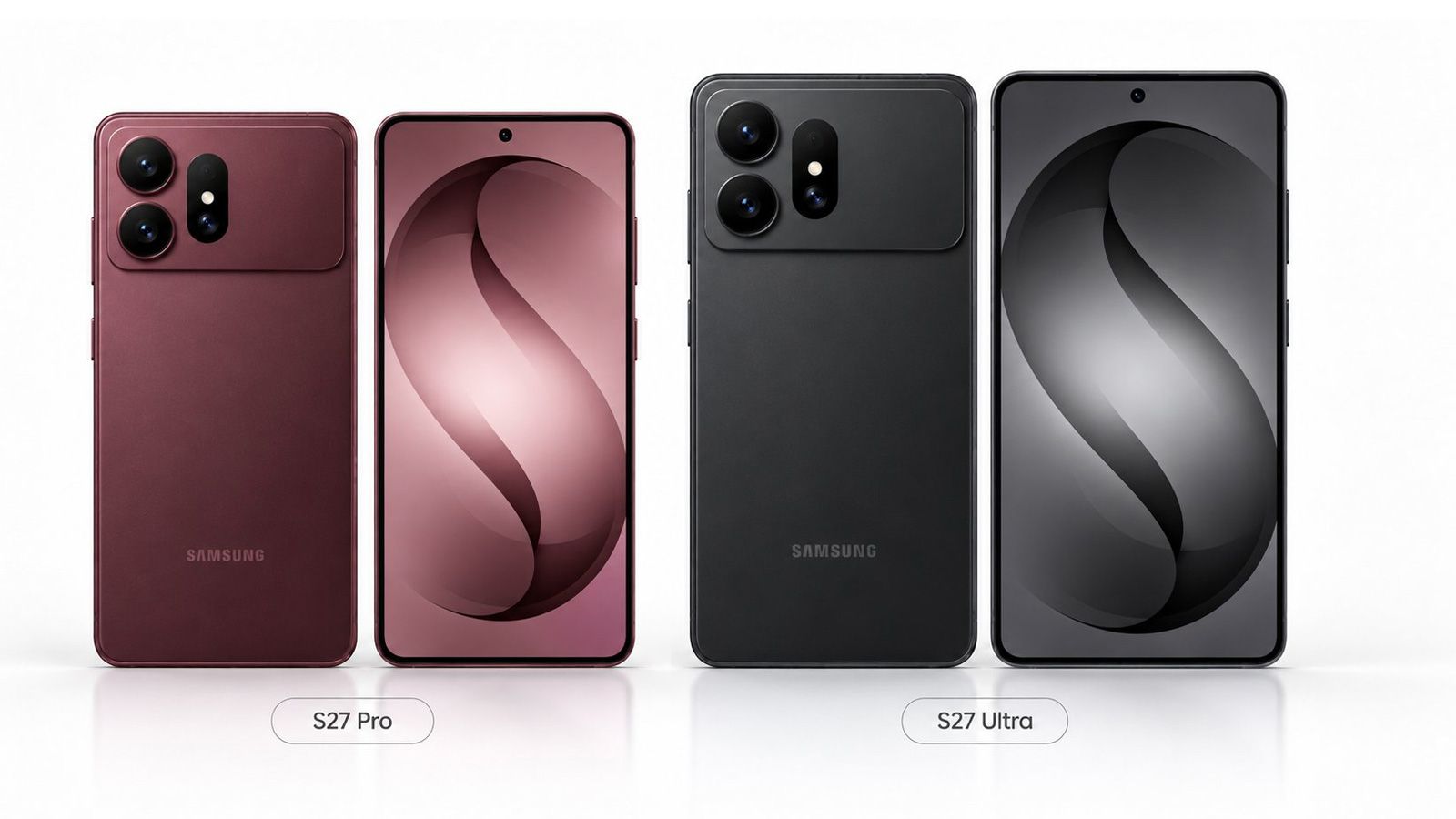 Renderización frontal y trasera de los teléfonos Samsung Galaxy S27 Pro en color burdeos y Samsung Galaxy S27 Ultra en color negro con módulos de cámara circulares.