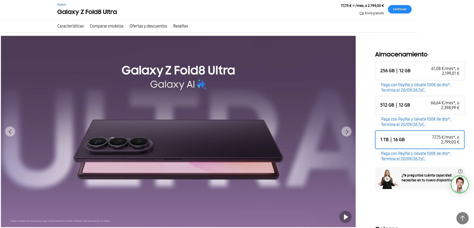 Interfaz de compra del Samsung Galaxy Z Fold8 Ultra con opciones de almacenamiento y precios.