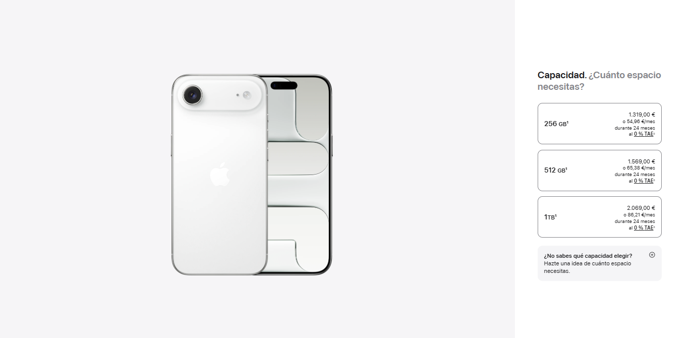 Interfaz de compra de un iPhone Air en color blanco junto a las opciones de capacidad de almacenamiento y precios.
