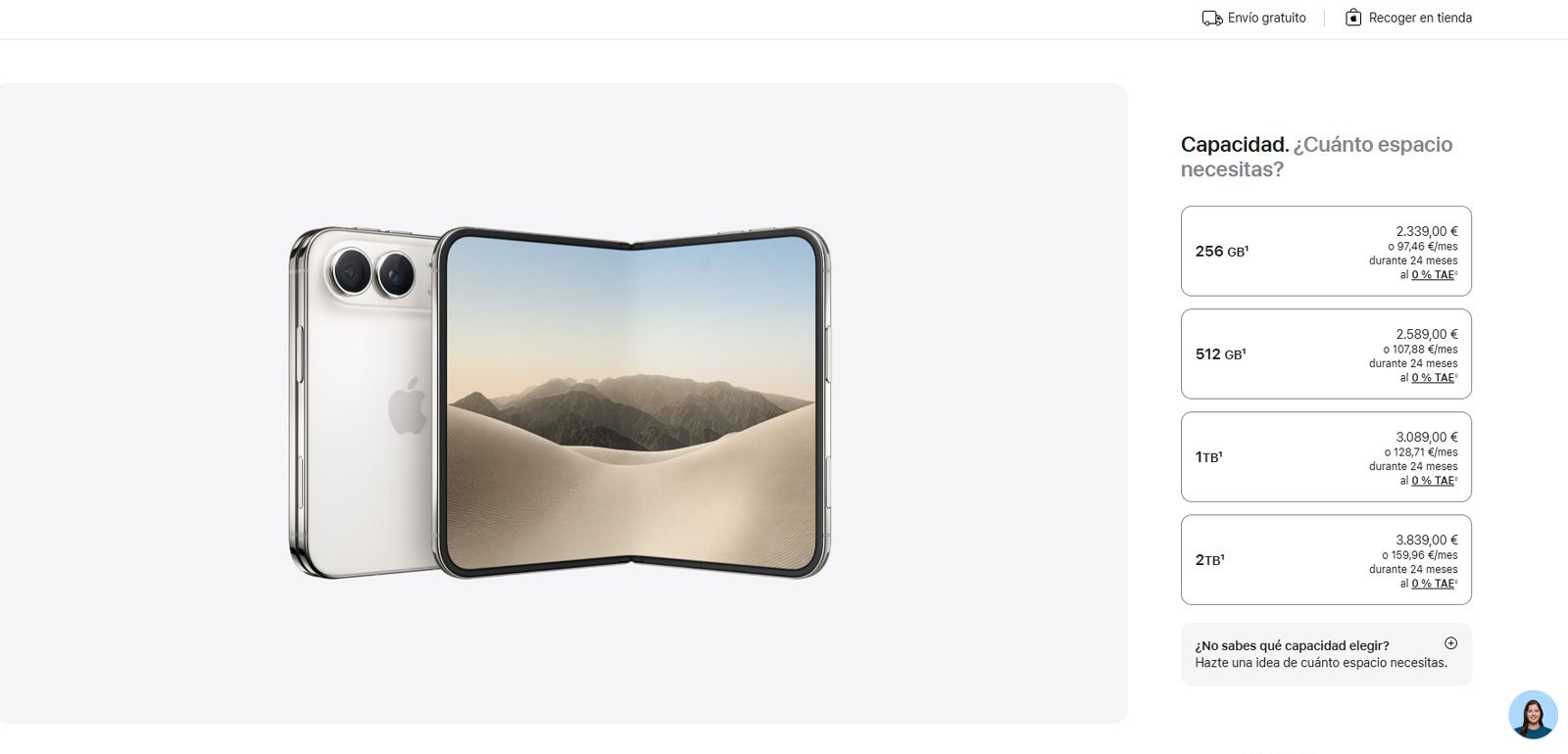 Interfaz de selección de capacidad y precio para un iPhone plegable en la web oficial.