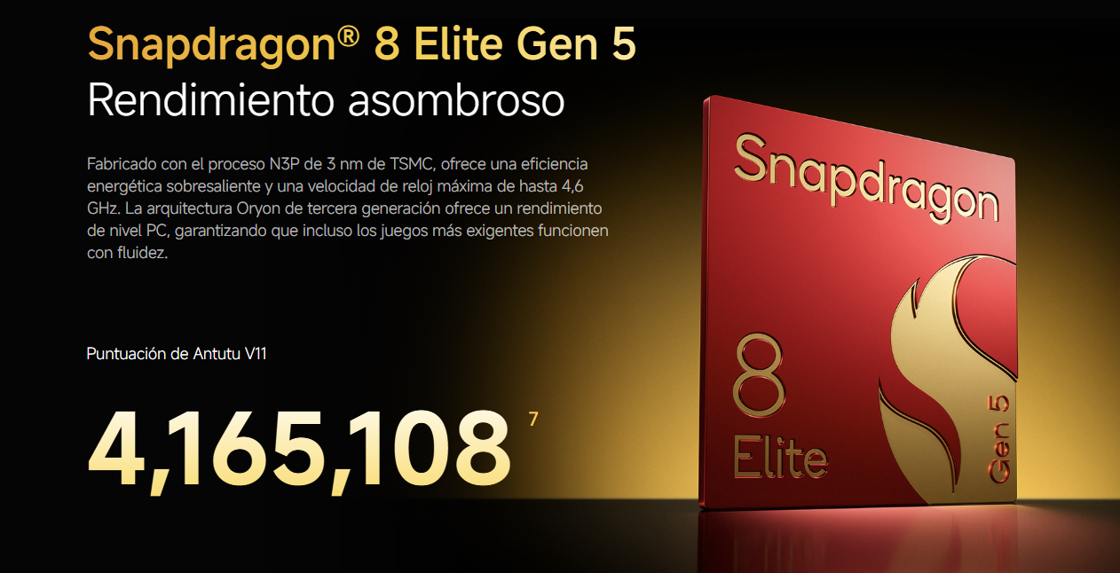 Infografía del procesador Snapdragon 8 Elite Gen 5 con su puntuación de 4.165.108 en el benchmark Antutu V11.