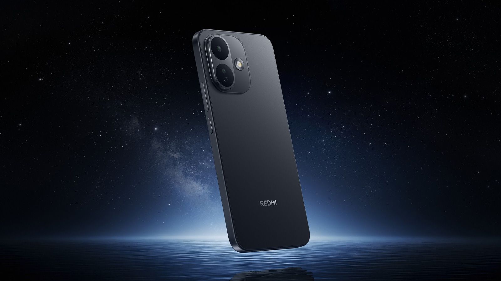 Parte trasera de un teléfono REDMI Note 17 Pro 5G en color oscuro sobre un fondo estrellado.