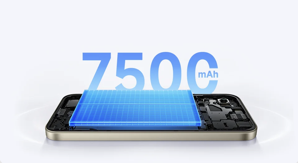 Representación digital del interior de un teléfono Redmi 17 5G con la batería iluminada en azul bajo el texto de 7500 mAh.
