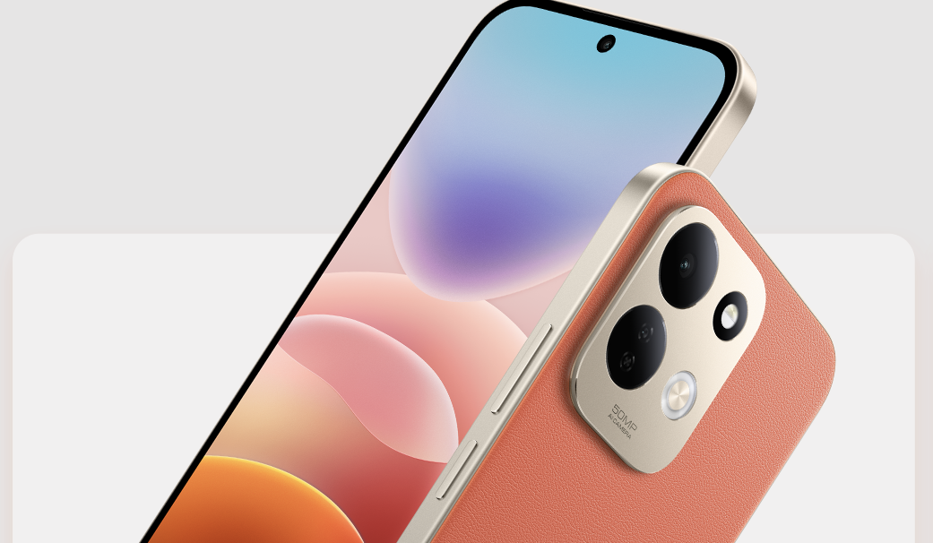 Primer plano del módulo de cámaras traseras y el perfil lateral del Redmi 17 5G en color naranja.