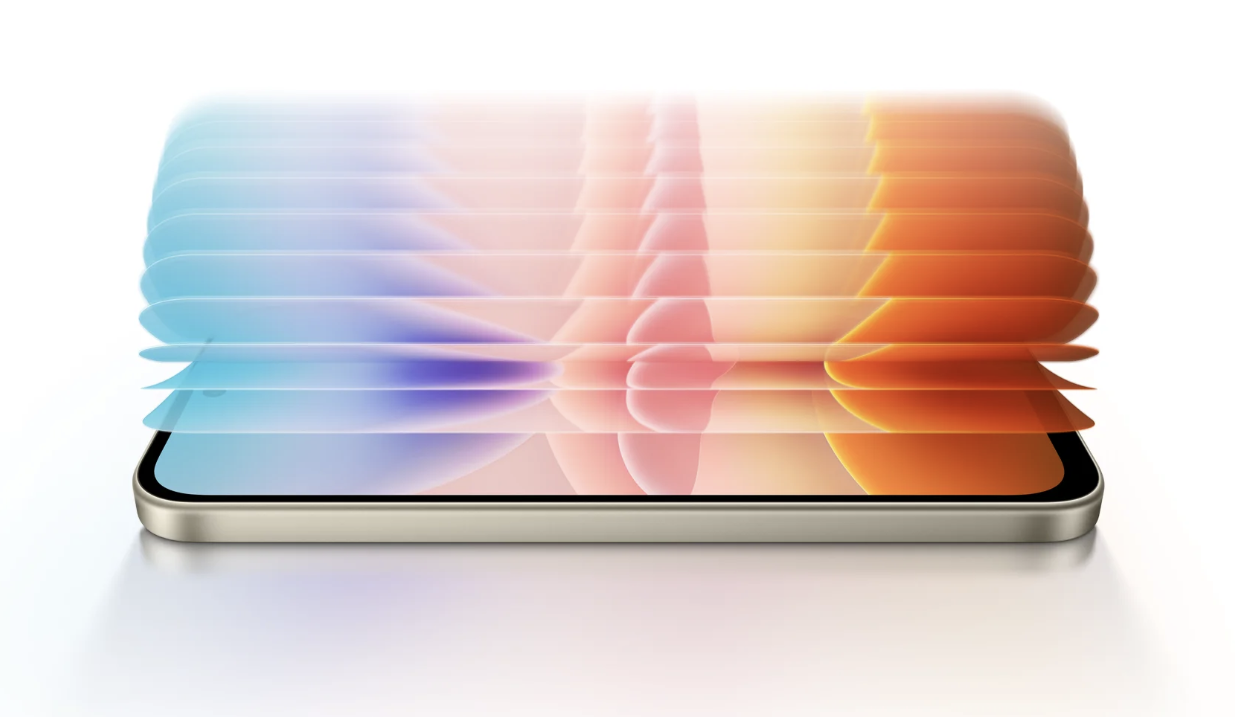 Efecto visual de varias capas de imagen superpuestas saliendo de la pantalla horizontal de un Redmi 17 5G.