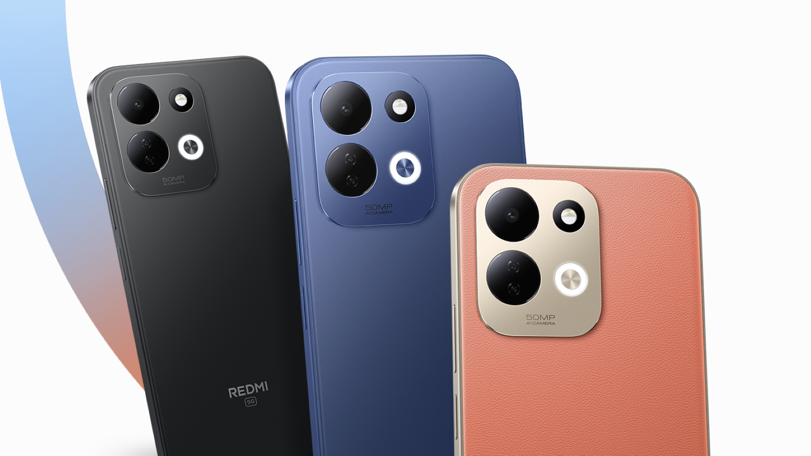 Vista trasera de tres smartphones Redmi 17 5G en colores negro, azul y coral mostrando el módulo de cámaras circular.