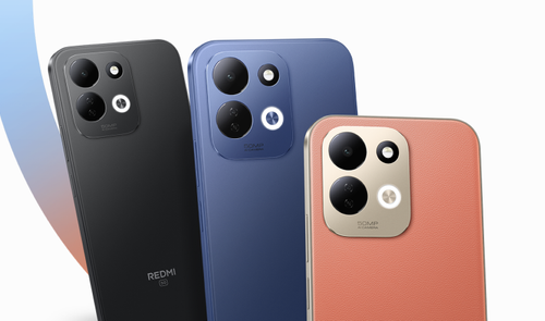 Vista trasera de tres smartphones Redmi 17 5G en colores negro, azul y coral mostrando el módulo de cámaras circular.