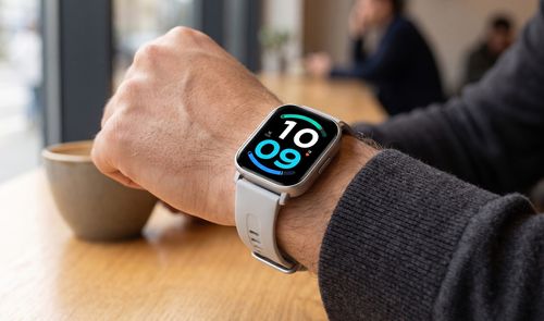 Reloj inteligente Redmi Watch 6 Active con esfera digital en la muñeca de un usuario en una cafetería.