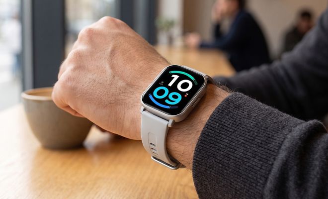 Reloj inteligente Redmi Watch 6 Active con esfera digital en la muñeca de un usuario en una cafetería.