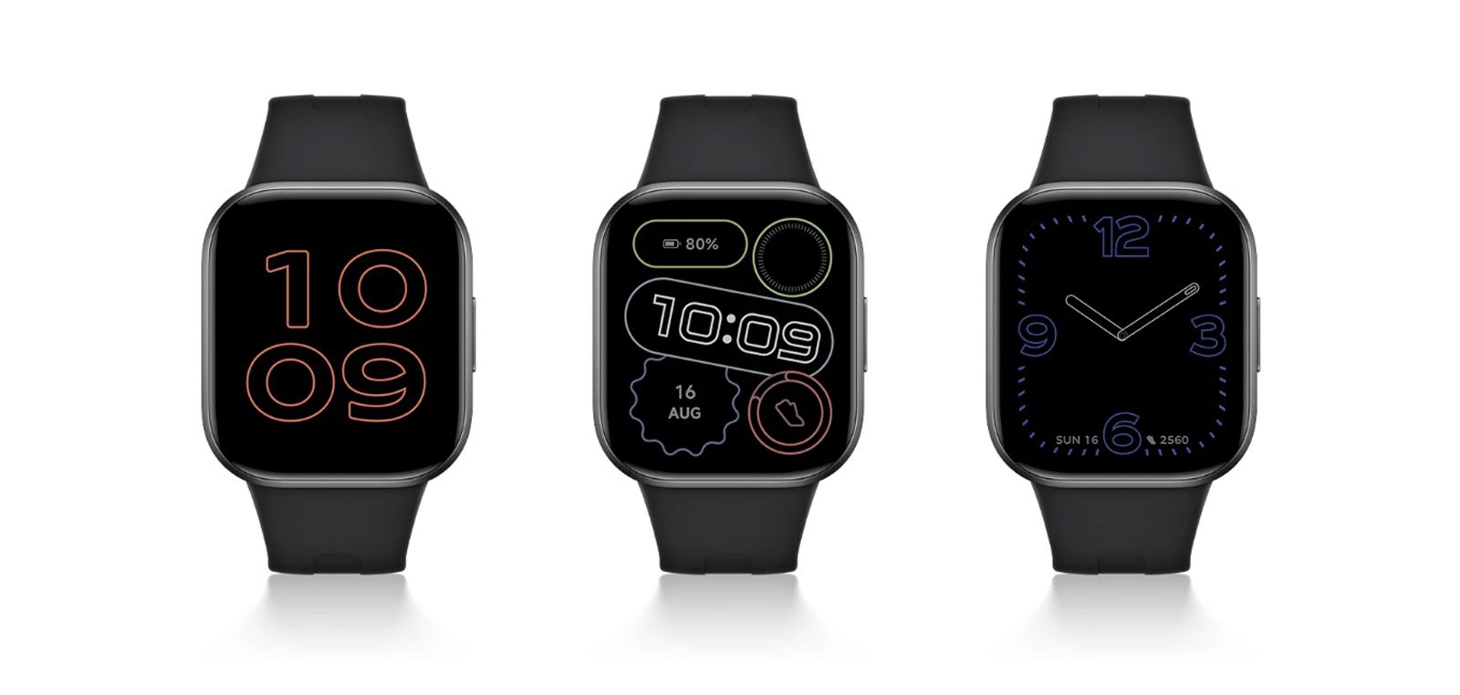 Tres relojes Redmi Watch 6 Active alineados mostrando diferentes esferas digitales y analógicas.