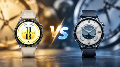 Comparativa frontal de un reloj Huawei y un reloj Xiaomi con pantallas encendidas y el texto VS en el centro.