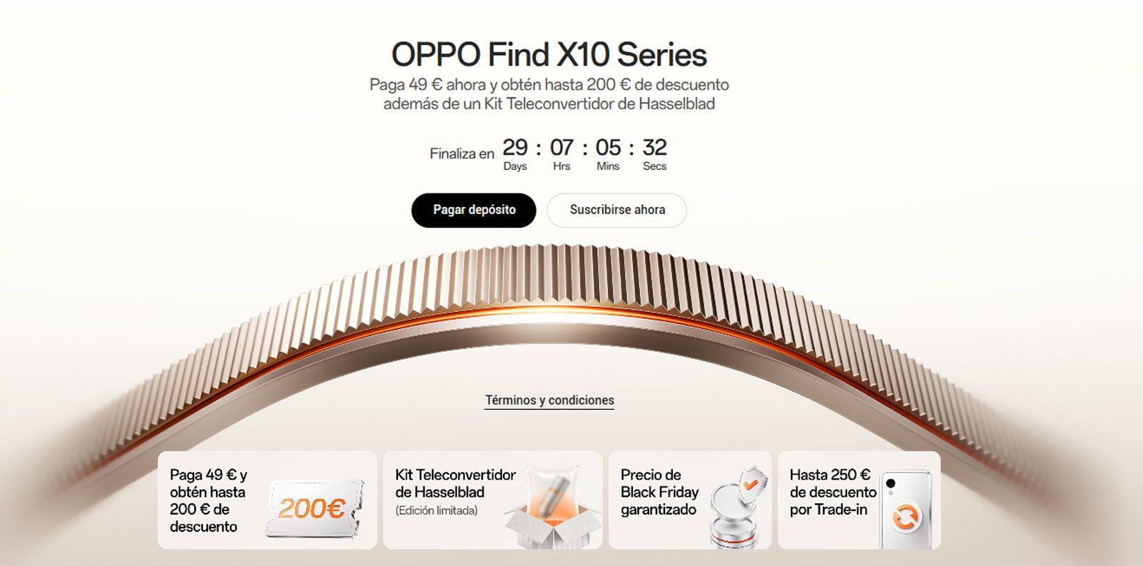 Página de reserva de la serie OPPO Find X10 con contador de tiempo y detalles de la oferta.