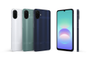 Vista frontal, trasera y lateral del Samsung Galaxy A08 en colores blanco, verde y azul oscuro.