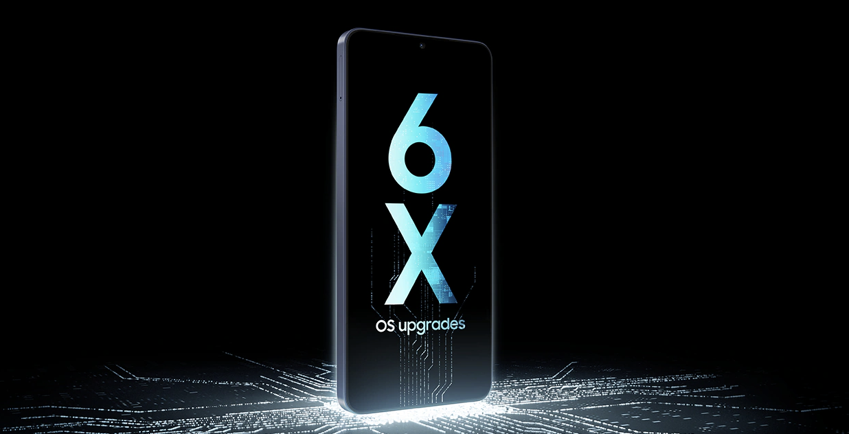 Primer plano del frontal de un Samsung Galaxy A08 mostrando en pantalla el texto 6X OS upgrades sobre un fondo de circuitos.