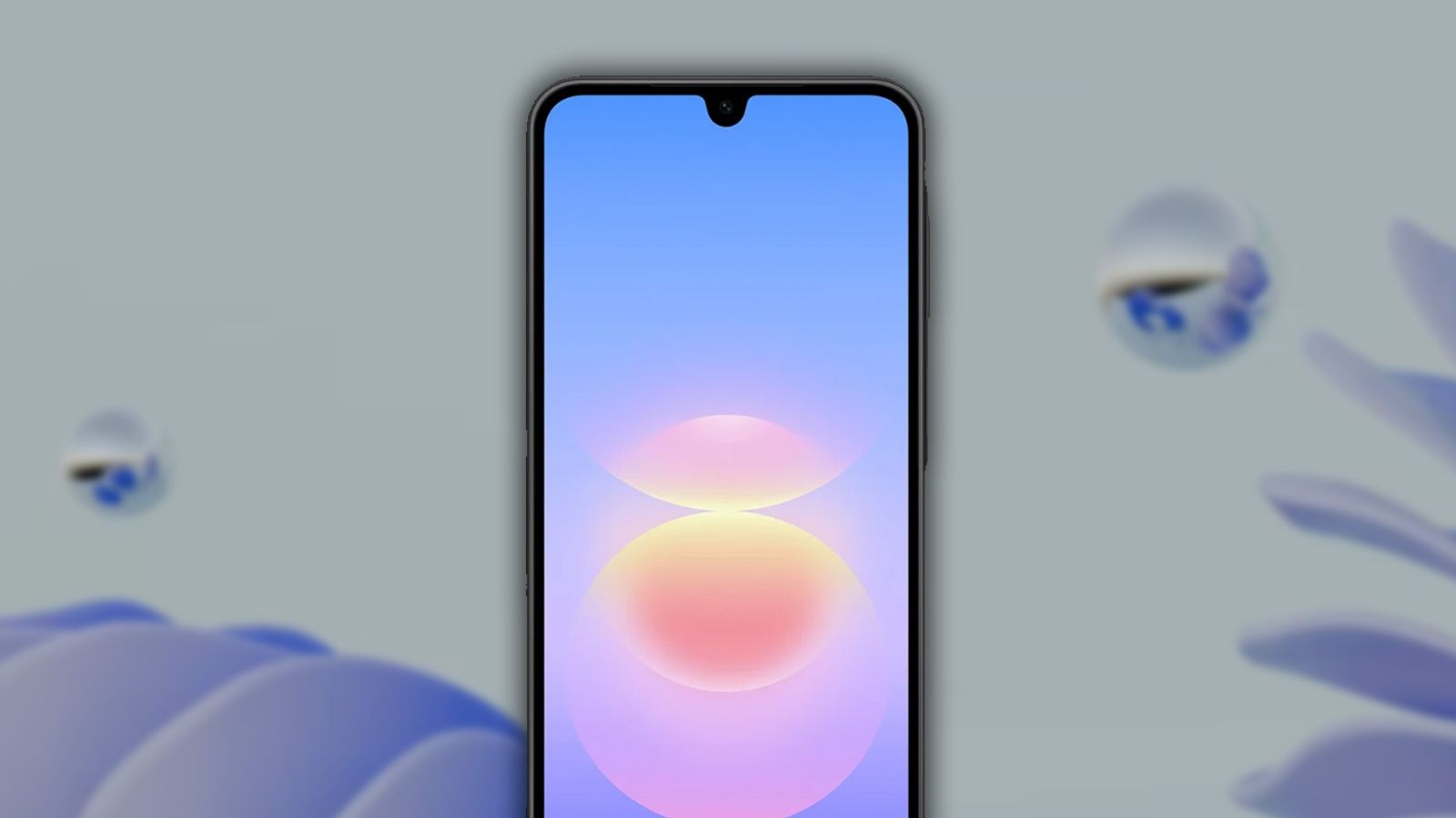 Parte frontal del smartphone Samsung Galaxy A18 con pantalla encendida y notch superior tipo gota sobre fondo decorativo azul.