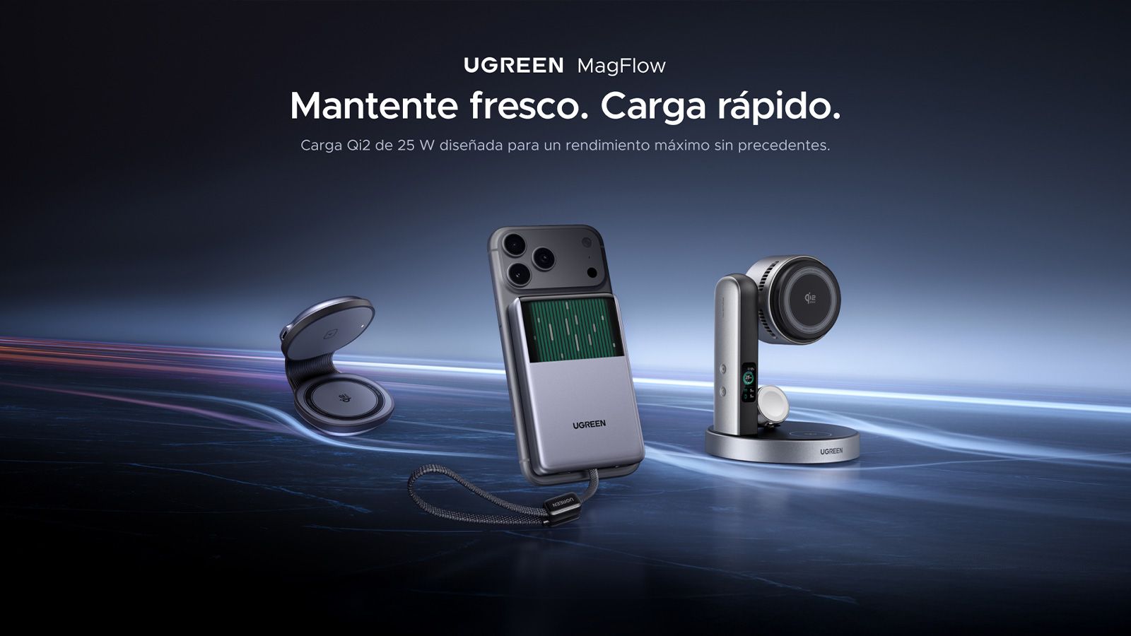 Batería externa con pantalla y base de carga Qi2 de la serie UGREEN MagFlow sobre fondo azul.