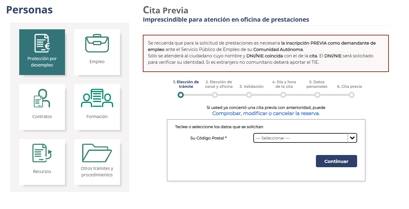 Interfaz del sistema de cita previa en la sede electrónica del SEPE para el trámite de protección por desempleo.