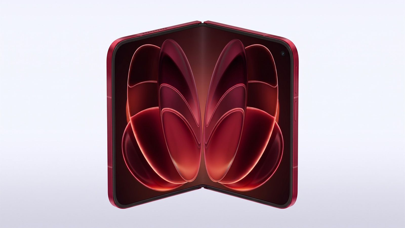 Teléfono plegable tipo libro Xiaomi 18 Fold parcialmente abierto con fondo de pantalla en tonos rojos