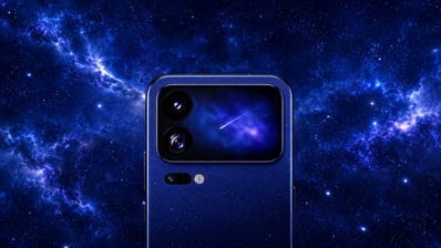 Detalle del módulo de cámaras trasero del Xiaomi 18 Pro en color azul con fondo de nebulosa espacial.