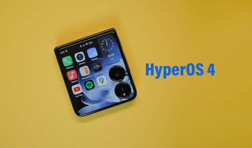 Pantalla externa de un teléfono plegable Xiaomi Mix Flip mostrando la interfaz HyperOS con diversos iconos de aplicaciones sobre un fondo amarillo.