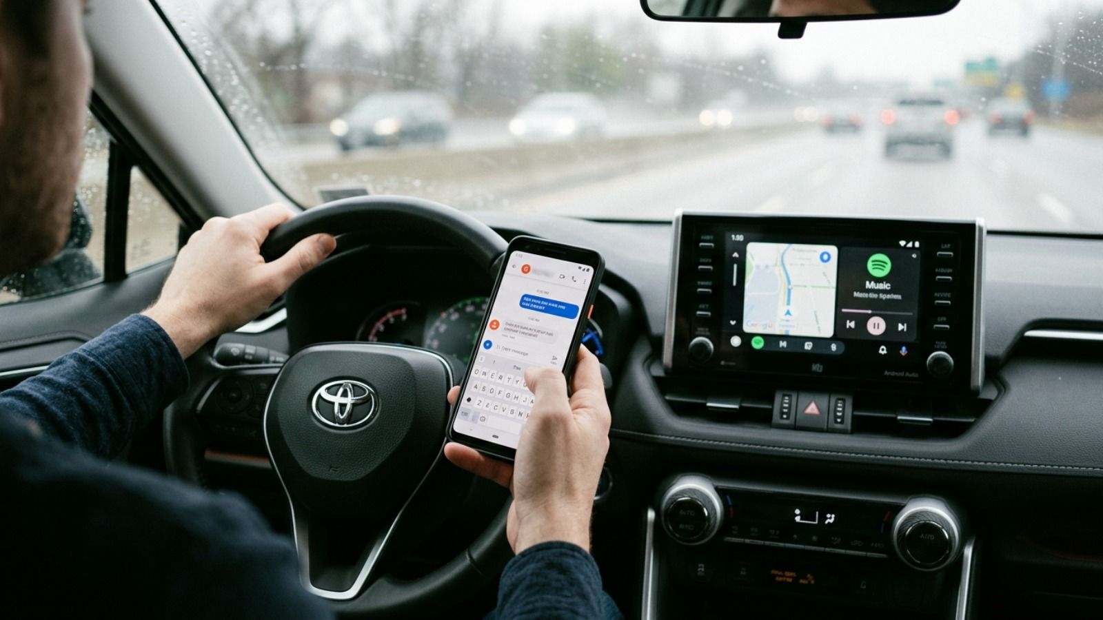 Conductor interactuando con un smartphone y la pantalla de Android Auto en el salpicadero de un coche.