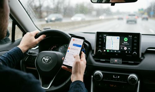 Conductor interactuando con un smartphone y la pantalla de Android Auto en el salpicadero de un coche.