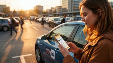 Mujer consultando una aplicación de alquiler de coches en su móvil junto a un vehículo en un aparcamiento al atardecer.