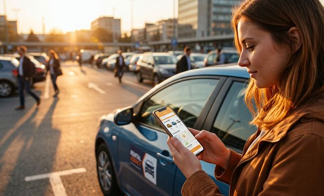 Mujer consultando una aplicación de alquiler de coches en su móvil junto a un vehículo en un aparcamiento al atardecer.