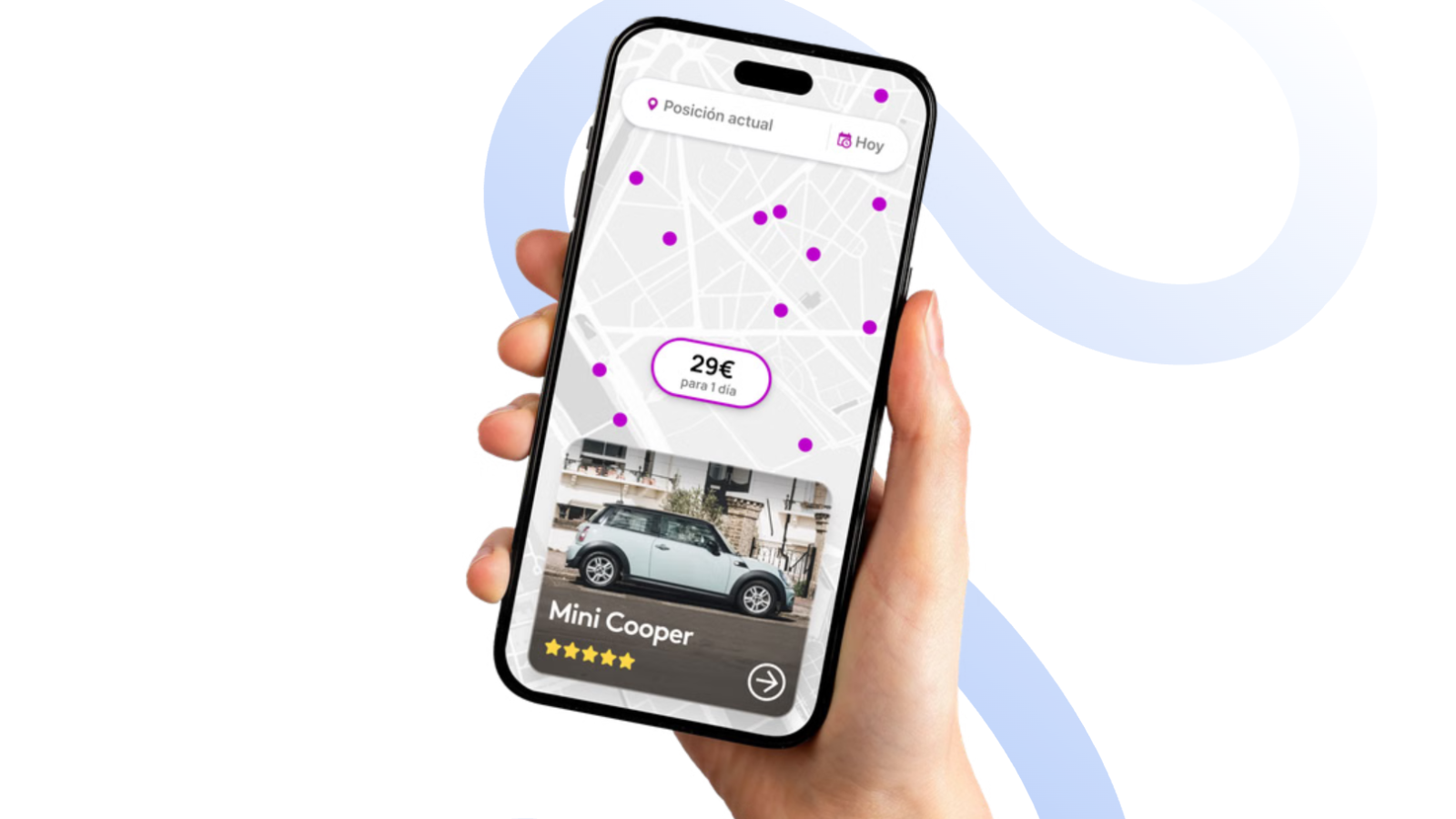 Mano sosteniendo un smartphone con la interfaz de la aplicación Getaround mostrando un mapa con vehículos disponibles y la ficha de un Mini Cooper.