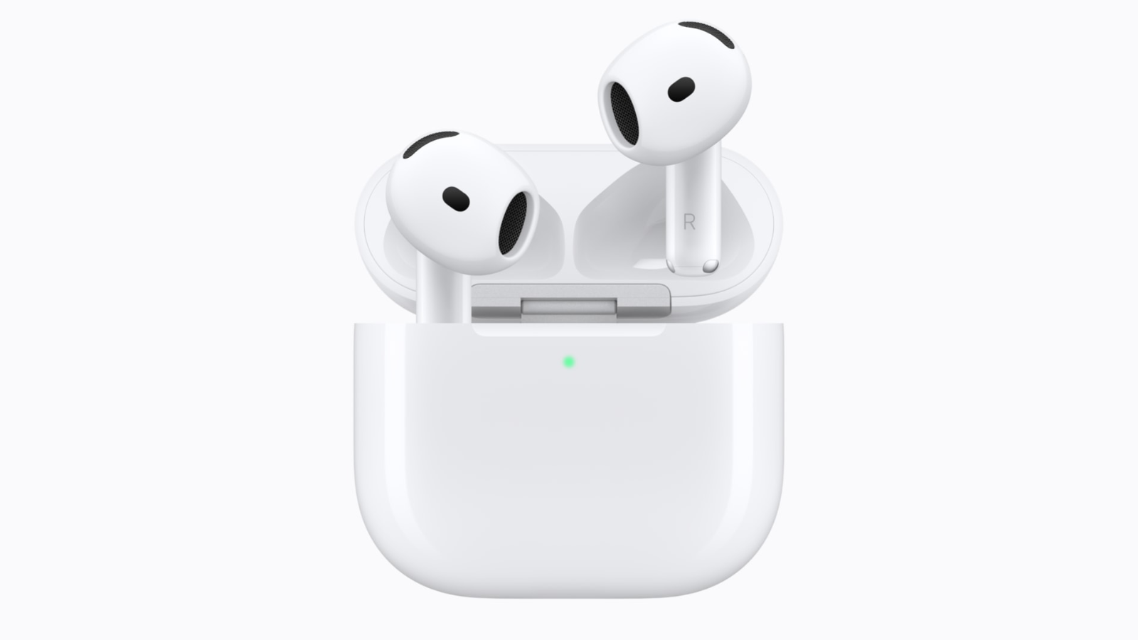 Auriculares inalámbricos AirPods 5 en color blanco con su estuche de carga abierto sobre fondo neutro.