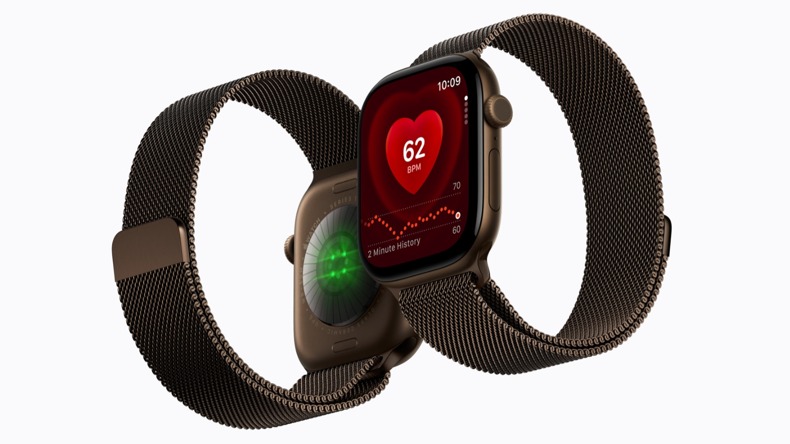Vista frontal y trasera del Apple Watch Series 12 con correa de malla metálica oscura, mostrando el sensor de frecuencia cardíaca activo y la interfaz de salud en pantalla.