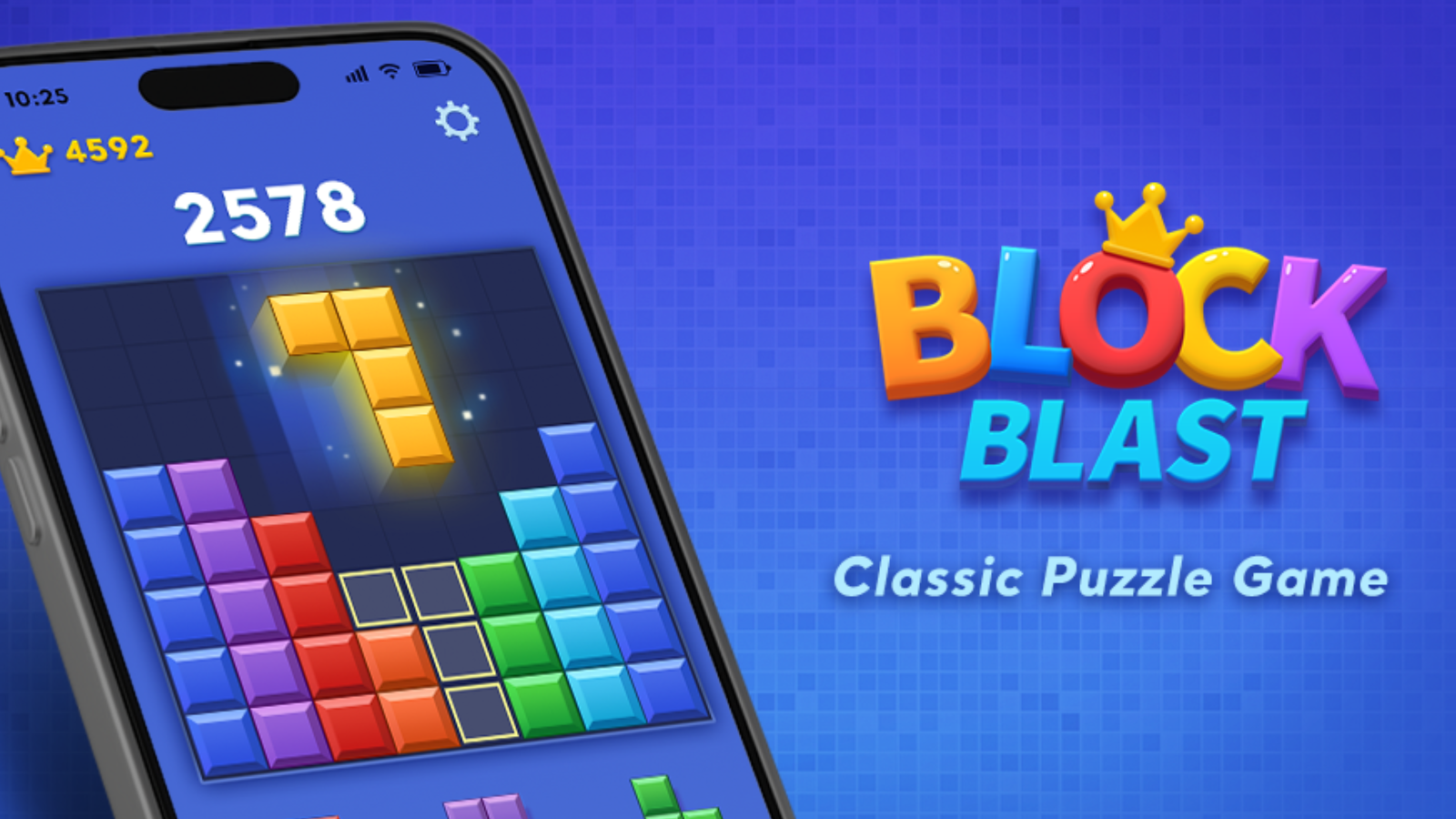 Interfaz del juego Block Blast en la pantalla de un teléfono móvil con piezas de colores sobre un tablero.