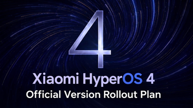 Cartel publicitario de Xiaomi HyperOS 4 con el texto Official Version Rollout Plan sobre un fondo azul con estelas de luz circulares.