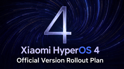 Cartel publicitario de Xiaomi HyperOS 4 con el texto Official Version Rollout Plan sobre un fondo azul con estelas de luz circulares.