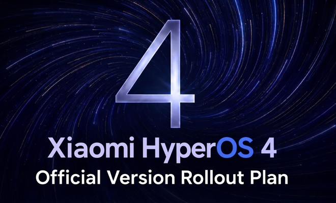 Cartel publicitario de Xiaomi HyperOS 4 con el texto Official Version Rollout Plan sobre un fondo azul con estelas de luz circulares.